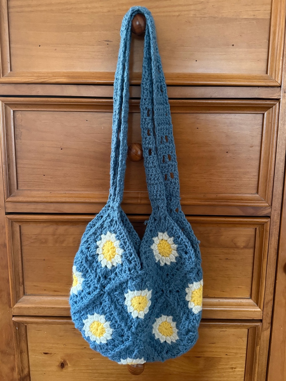 Handmade Blue Crochet Daisy Shoulder Bag